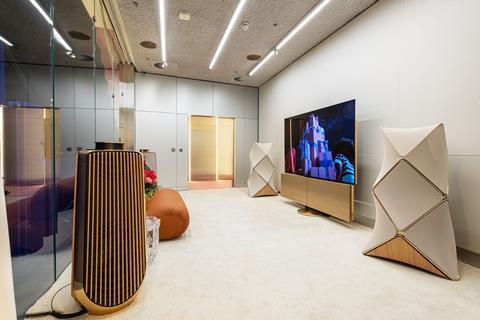 Interior of Bang & Olufsen’s New Bond Street store, showing television and speakers on display